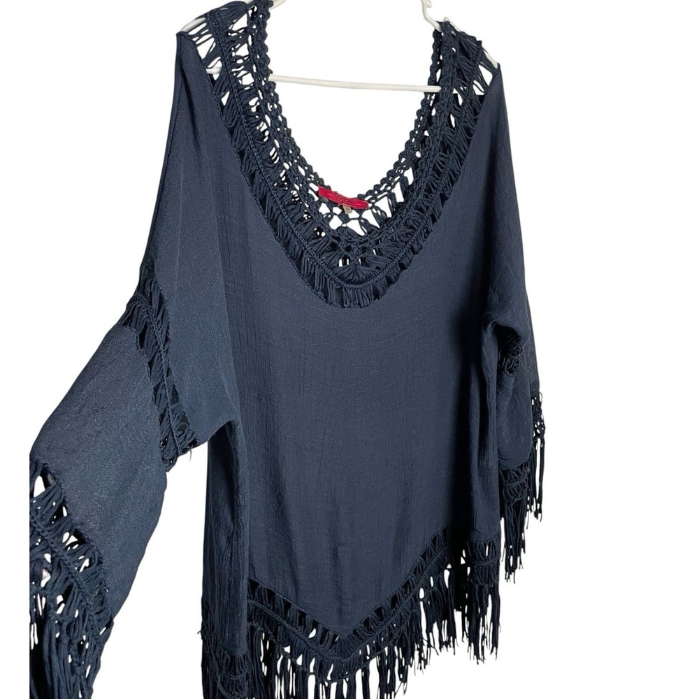 Essentials Sioni Boho Fringe Beach Coverup Size XL Navy Beach Resort Vacation